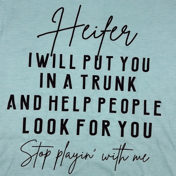 NWT Turquoise 'Heifer' Graphic Short Sleeve Tee Women's sz Small - Picture 2 of 7